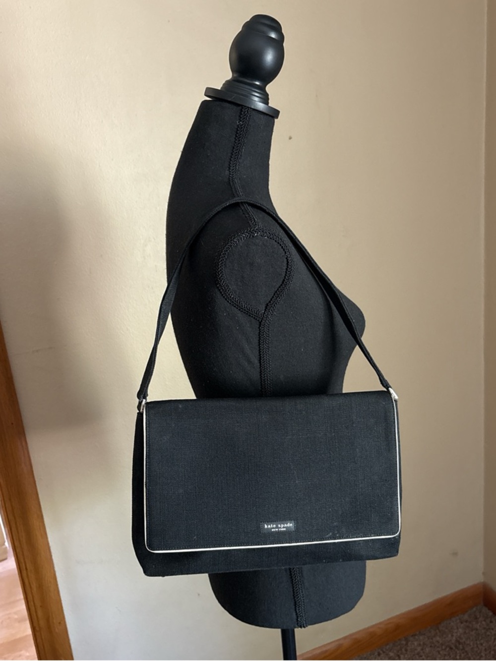 kate spade Black Canvas Shoulder Bag with White Piping